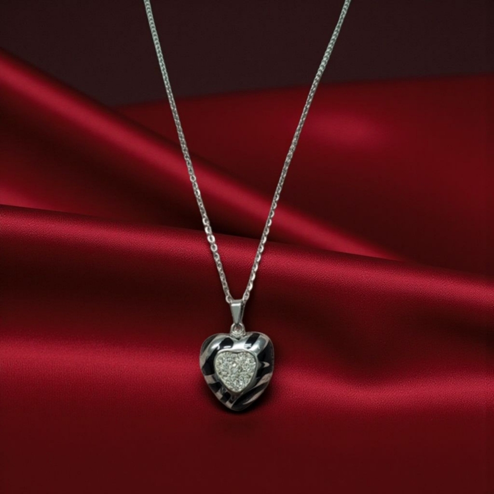 Crystal Heart Pendant & 23" Chain Silvertone Necklace Black Enamel Zebra Stripes